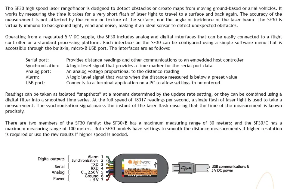 Capteur lidar télémètre laser SF30/C 100m TTL série pixhawk