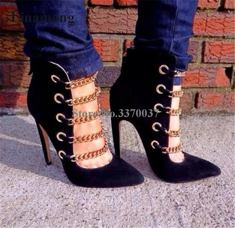 Women Spring New Fashion Pointed Toe Suede Leather Gold Chain Design Gladiator Short Boots Cut-out High Heel Ankle Boots