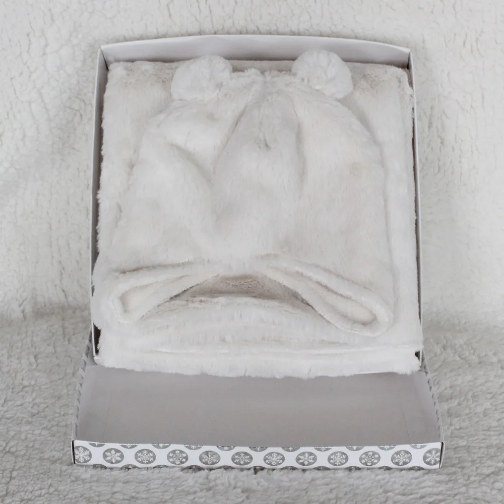 Gift Set 2 pcs 0-6 Months White Solid Short Fur  Baby Hat, Baby Wrap 28