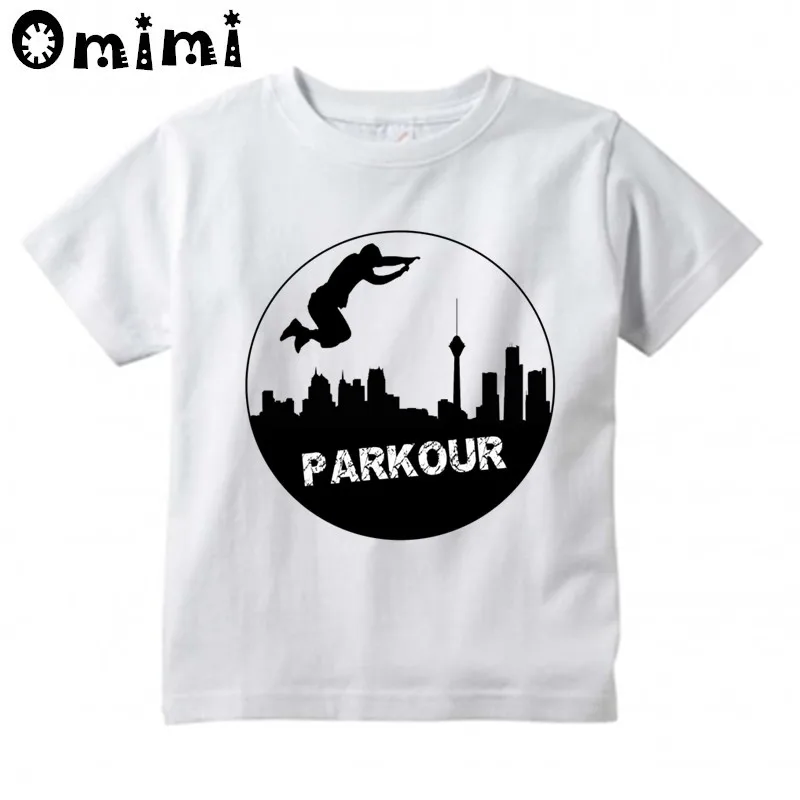 T-shirt de Parkour infantil, tops de manga curta para meninos e meninas, tops brancos engraçados, kawaii, grandes crianças, ooo6056