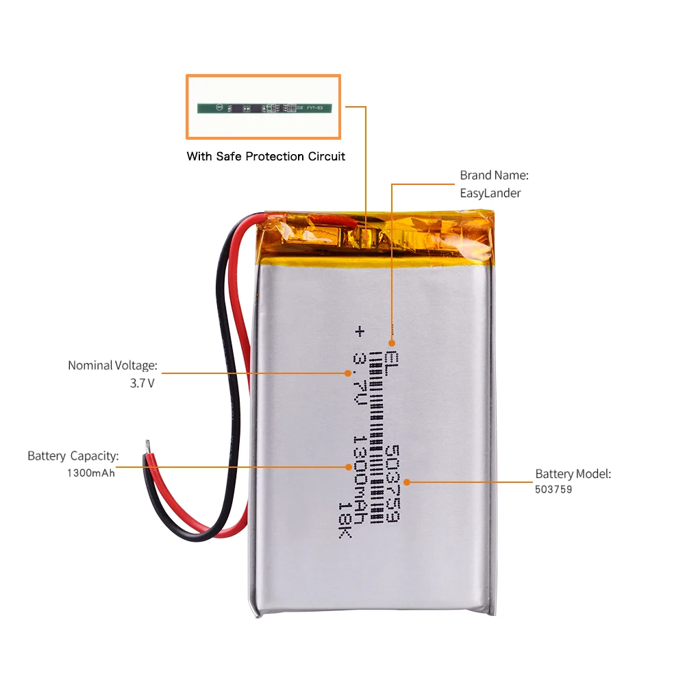 503759 3.7V 1300mAh Rechargeable Lithium Li-ion Polymer Battery 053759 Batteries