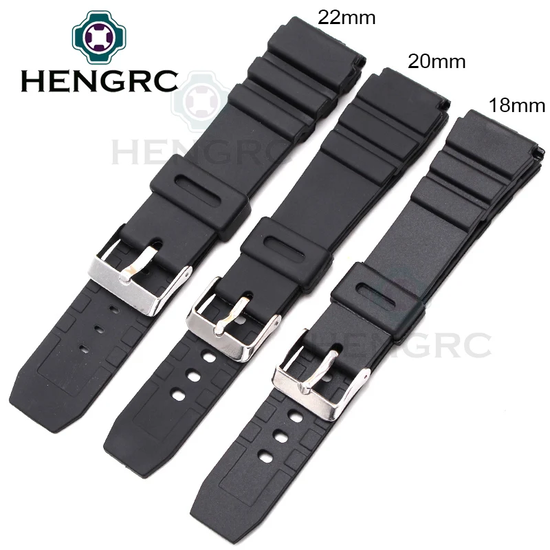 Silicone Watchbands 18 20 22mm Men Black Sports Diving Rubber Watch Strap Silver Stainless Steel Buckle