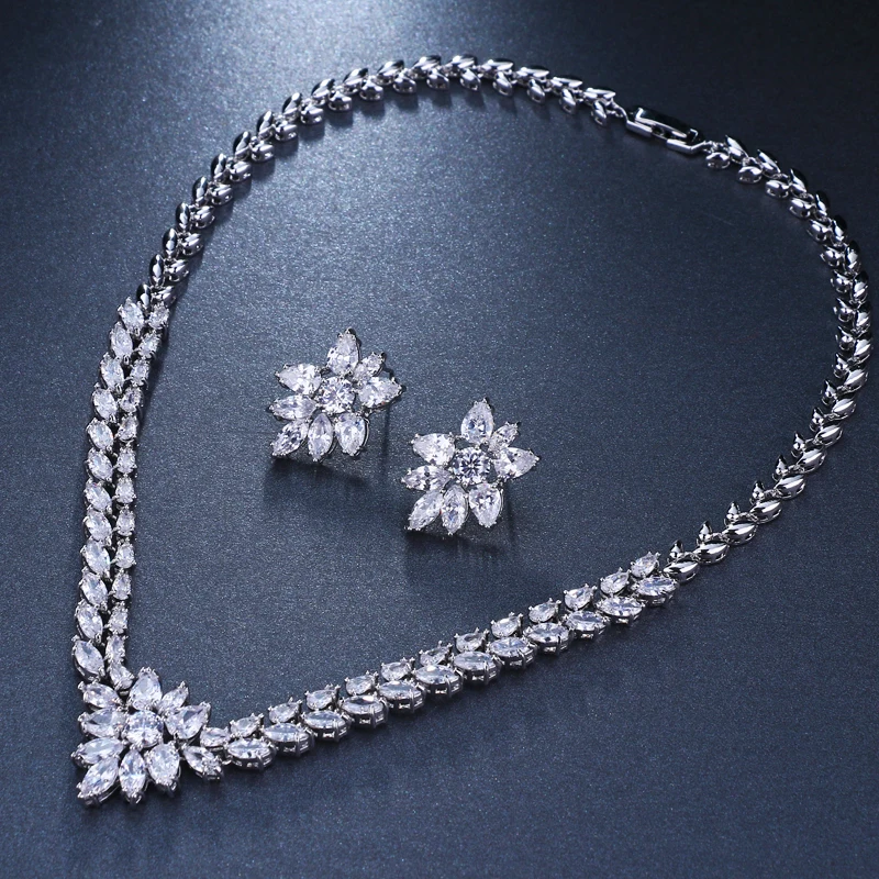 Emmaya White Gold Color Luxury Bridal CZ Crystal Necklace and Earring Sets Big Wedding Jewelry Sets For Brides