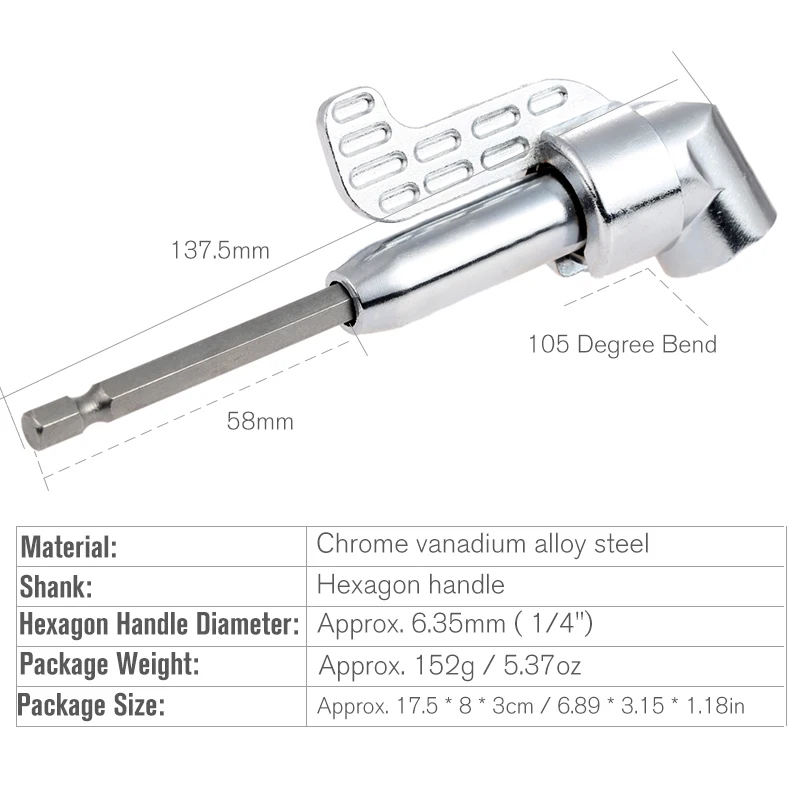 

HOEN 1pcs 1/4" Hex Socket Keyless Drill Bit 105 Degree Chuck Clamp Hex Shank Adapter Converter Quick Change Close Corner Tool