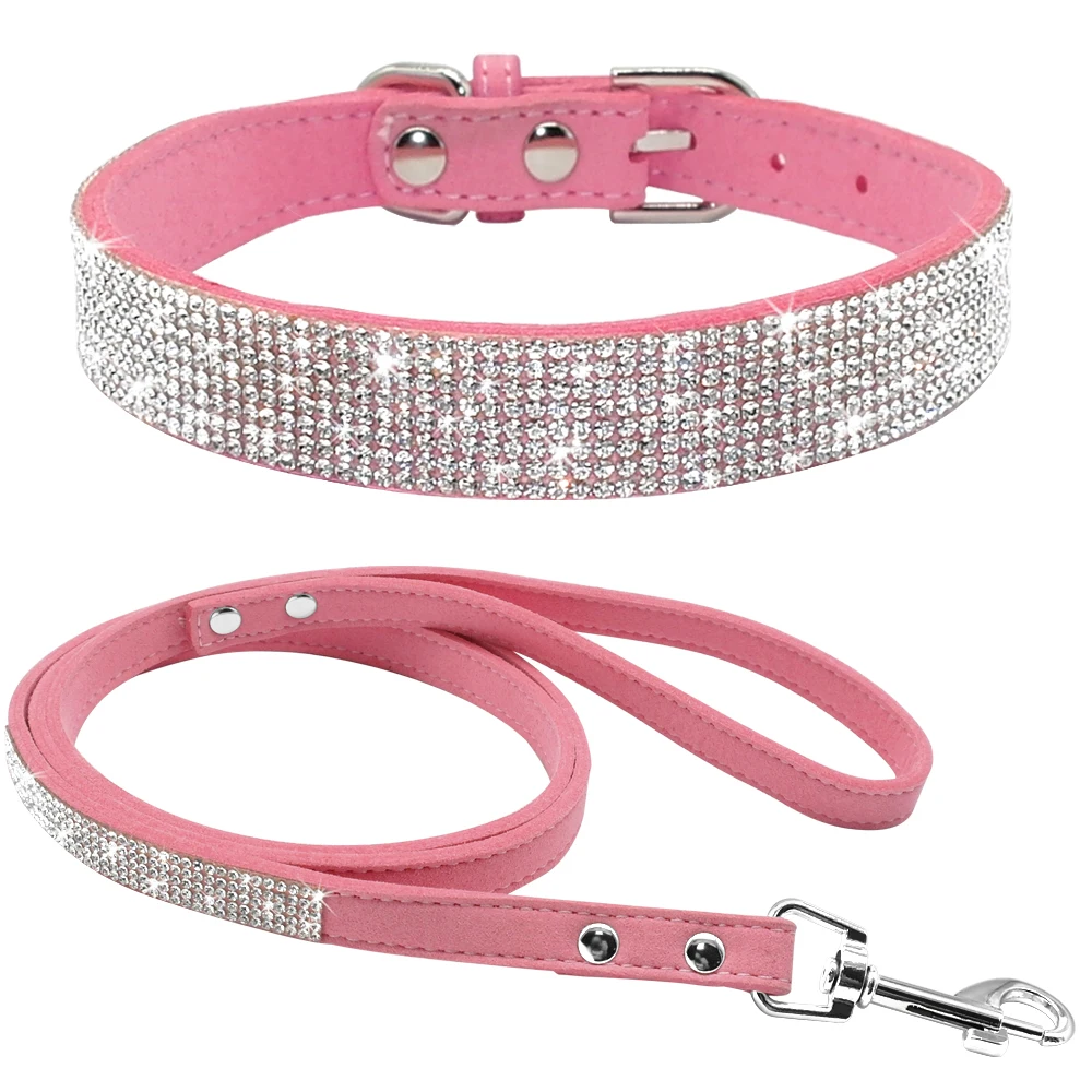 Suede Leather Dog Collar Leash Set Rhinestone Crystal Soft Material Adjustable Small Dogs Cat Pets Collars Leads Chihuahua