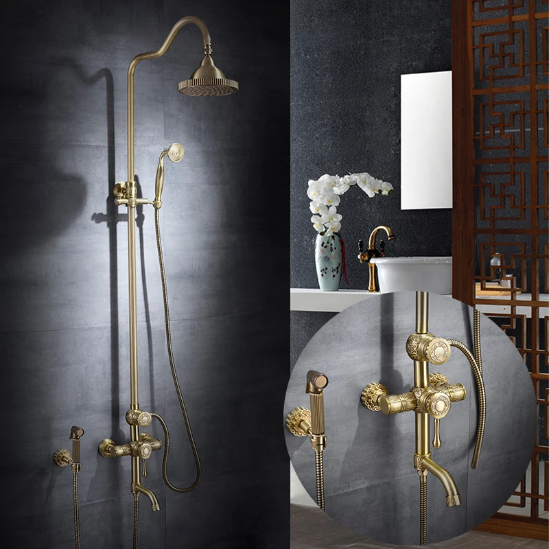 Bath and Shower Mixers Rainfall Shower Faucet Set Wall Mounted with Hand Shower Copper Antique Brass Bathroom Rain Shower Tap