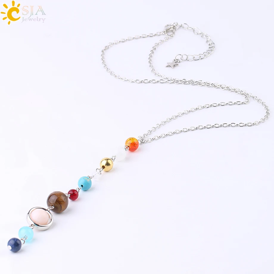 Galaxy Necklace for Man Universe Eight Planets Bead Stainless Steel Chain Natural Stone Solar System Long Necklaces Jewelry S239