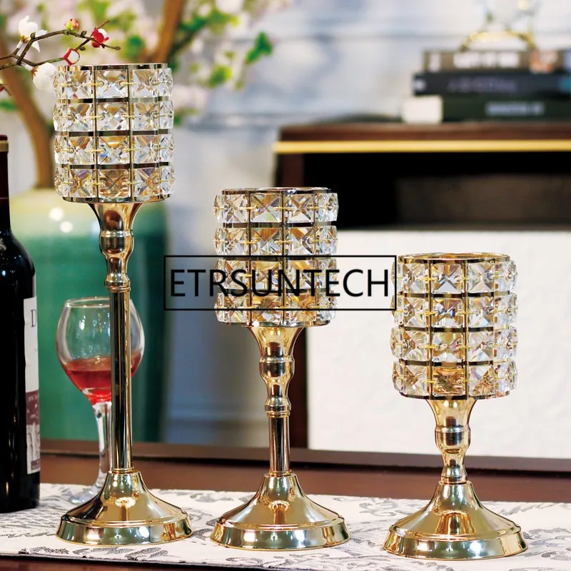 

3pcs/set Metal Golden Single Candle Crystals Holder Wedding Candelabra centerpiece home decoration candlesticks