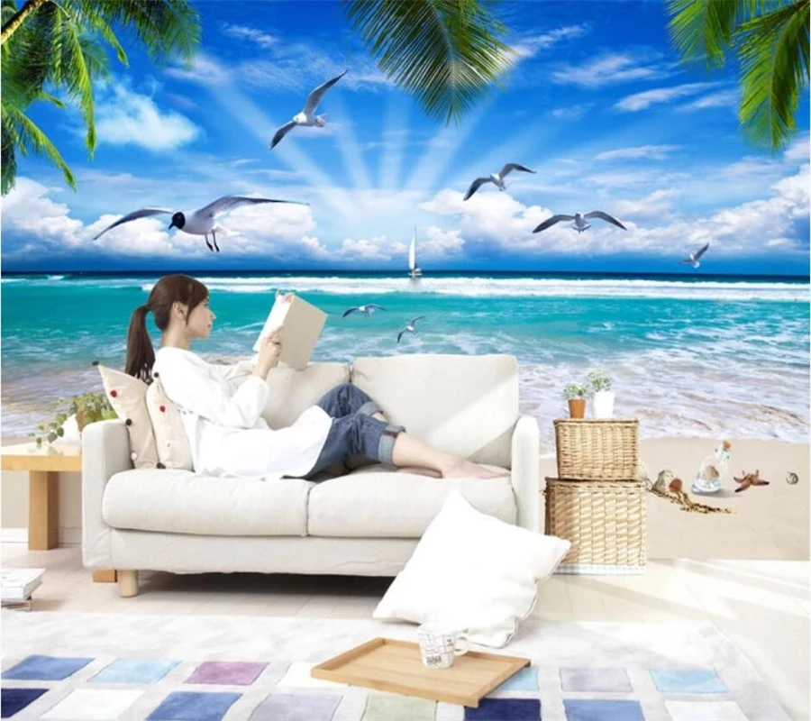 

beibehang Custom wallpaper 3d photo mural beautiful seascape seagull coconut tree 3D TV background wall papers home decor mural