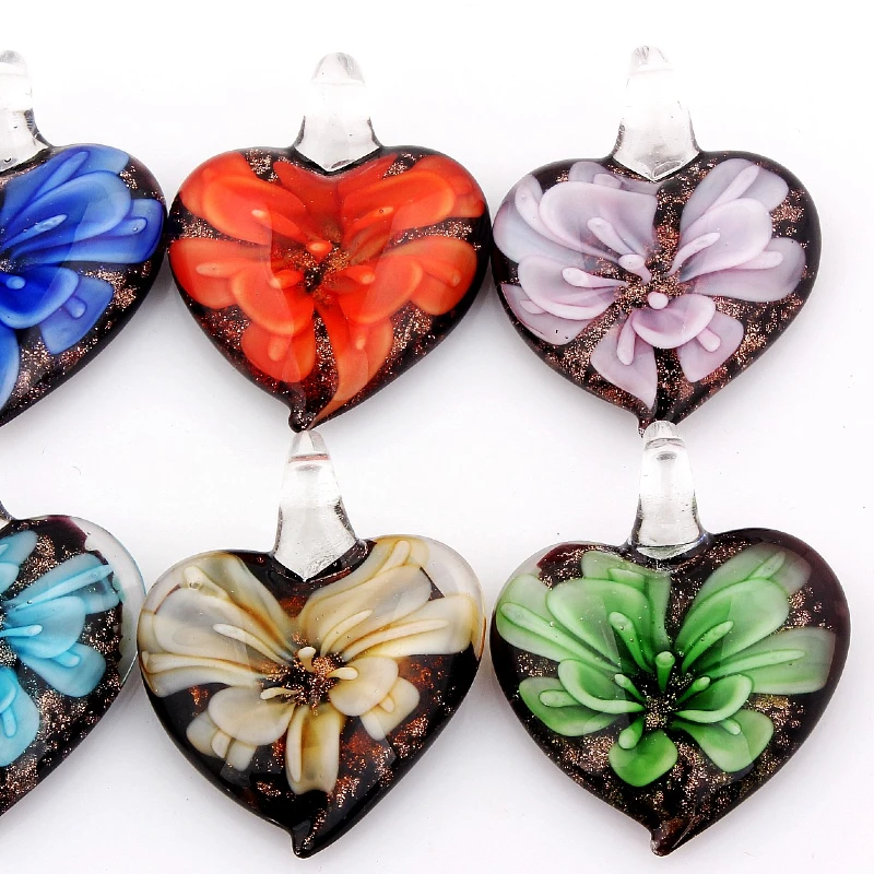 Q Fashion Wholesale 6pcs Handmade Murano Lampwork Glass Mix Color Flower Heart Pendants Fit Necklace