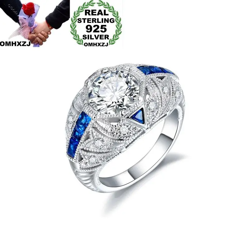 

OMHXZJ Wholesale European Fashion Woman Man Party Wedding Gift Silver Blue Luxury AAA Zircon 925 Sterling Silver Ring RR13