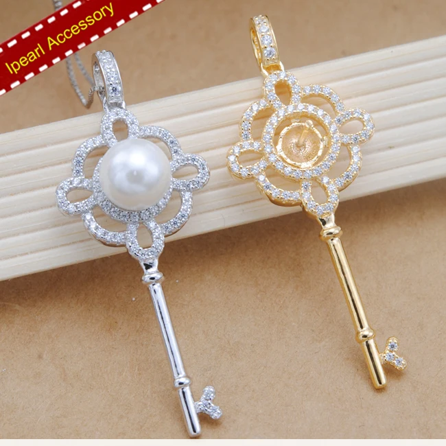 S925 Sterling Silver Keys Pendant Jewelry Findings&Components Women DIY Pearl Pendant Holder Keys with Rhinestones Accessory