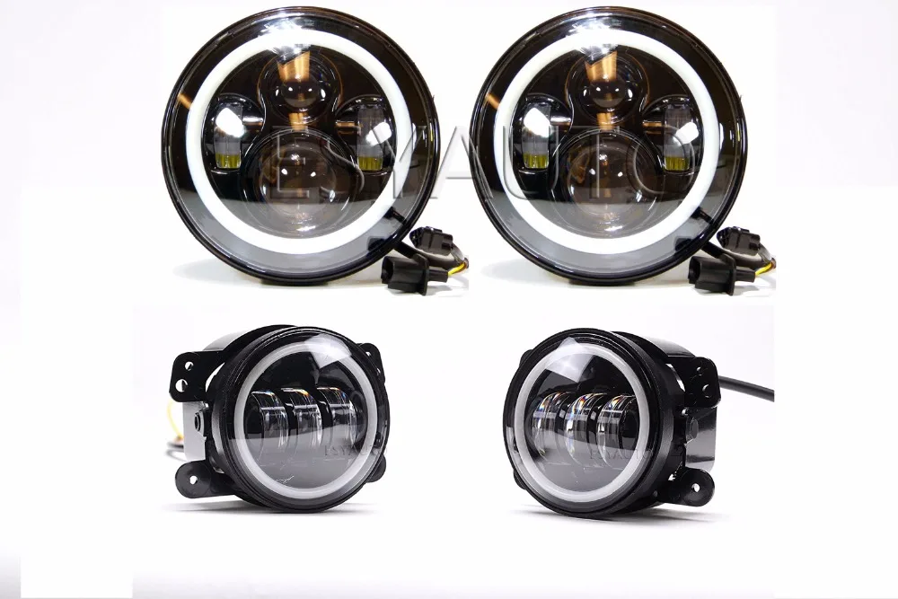 4pcs 7inch 40W LED Headlight High Low Beam Motorcycle Projector & 4inch 30W Offroad LED Fog Lamp for jeep CJ JK TJ