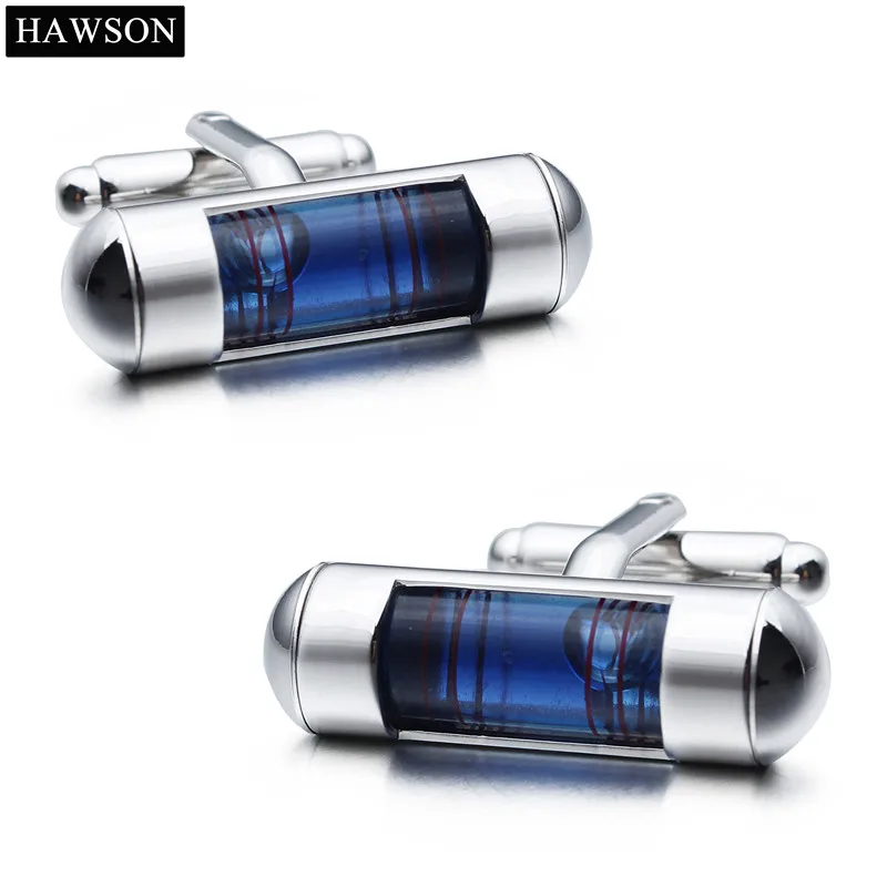 Novelty Blue Level Cufflinks and Tie Clip Set Mens In Box Air Bubble Cylinder Cuff Links jewelry accessories,gift for him