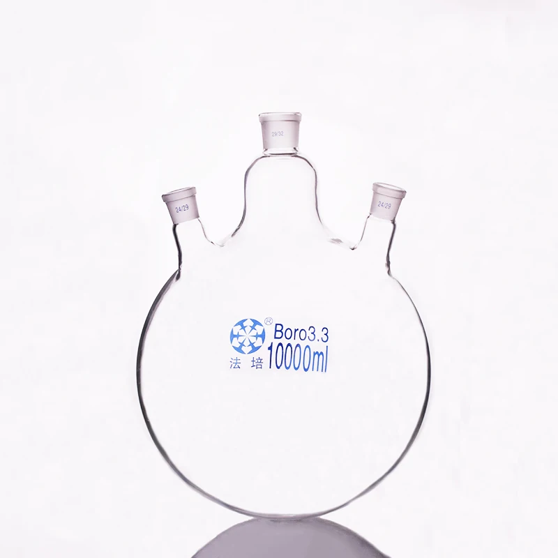 

Three-necked flask oblique shape,with three necks standard ground mouth,Capacity 10000ml,Middle joint 29/32,lateral joint 24/29