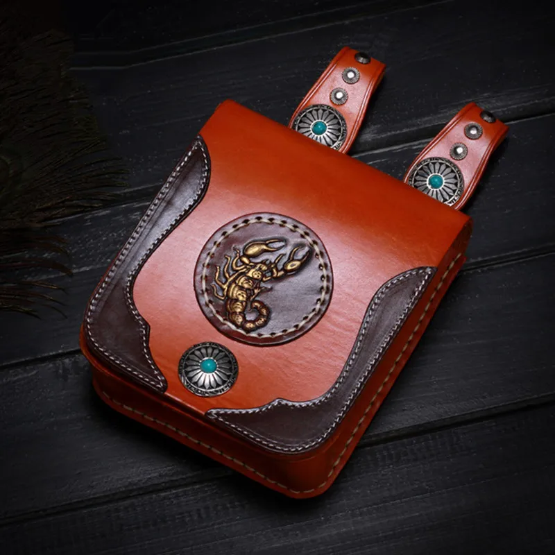 

Handmad Women Men Handbags Cow Leather Messenger Shoulder Belt Bag Scorpion Turquoise Button Vegetable Tanned Leather Waist Bags