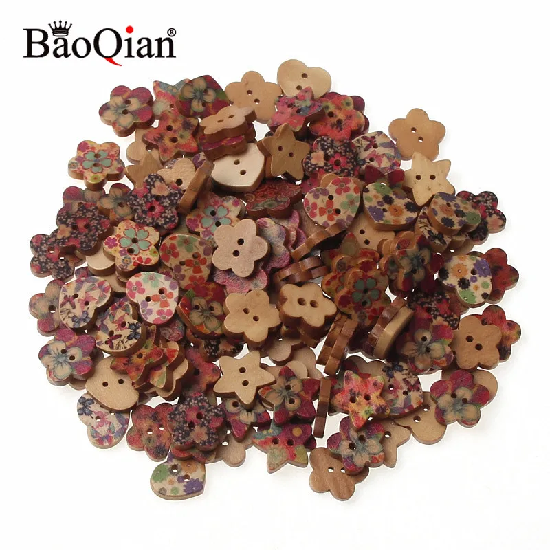 50/100Pcs bottoni in legno cucito Scrapbooking a forma mista 2 fori bottoni per cucire misti accessori per cucire 17mm