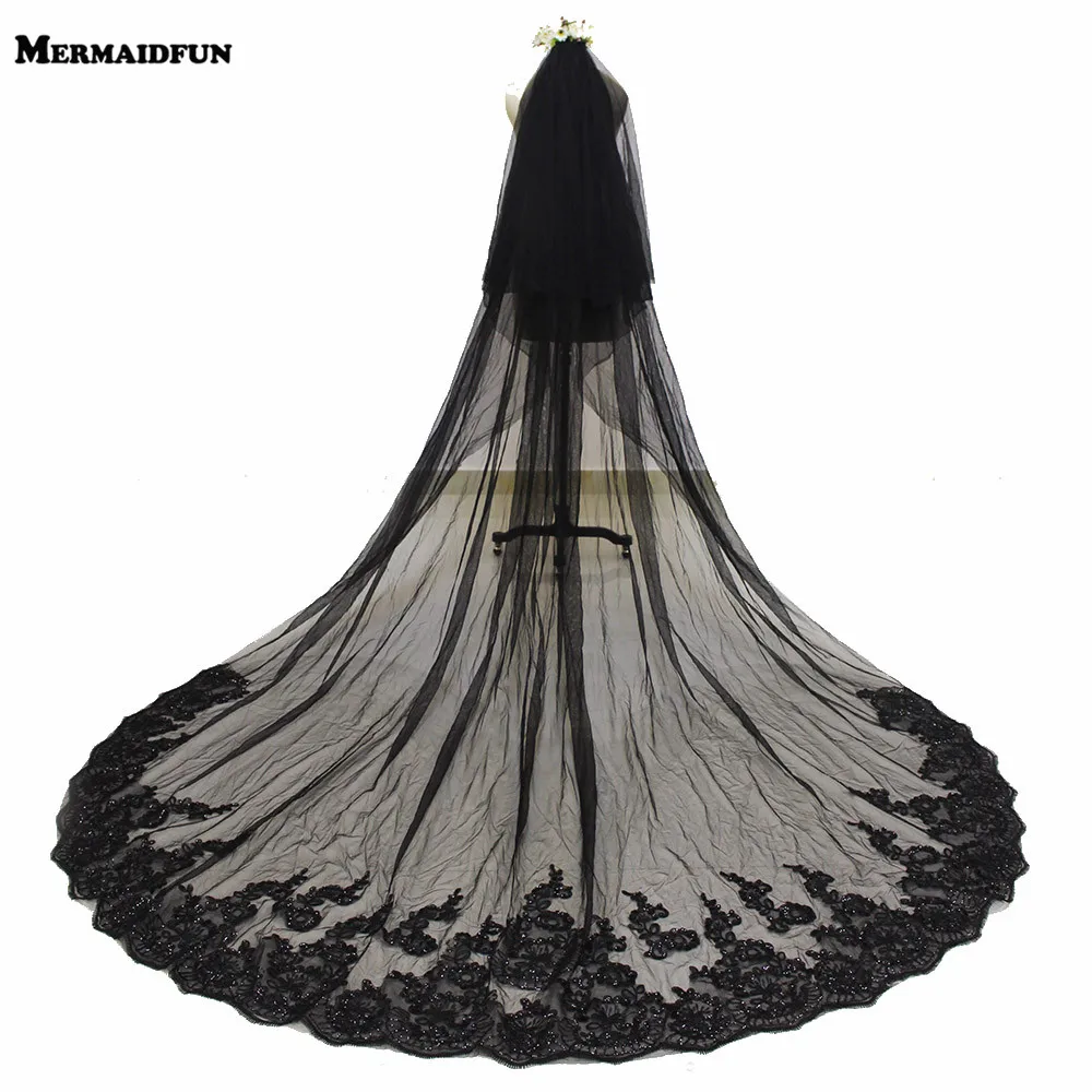 Two Layers Sequins Lace Edge 3 Meters Black Long Wedding Veil with Comb 2T Bridal Veil Voile Mariage