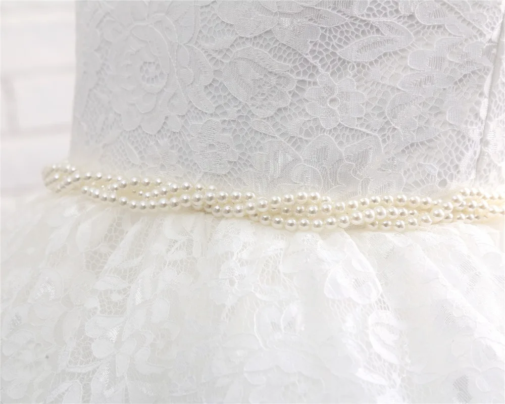 JaneVini Princesa Branco UMA Linha Lace Pérolas Da Menina de Flor Vestidos de 2019 O Pescoço Caixilhos Tea-Length Meninas Pageant Primeira vestido de comunhão