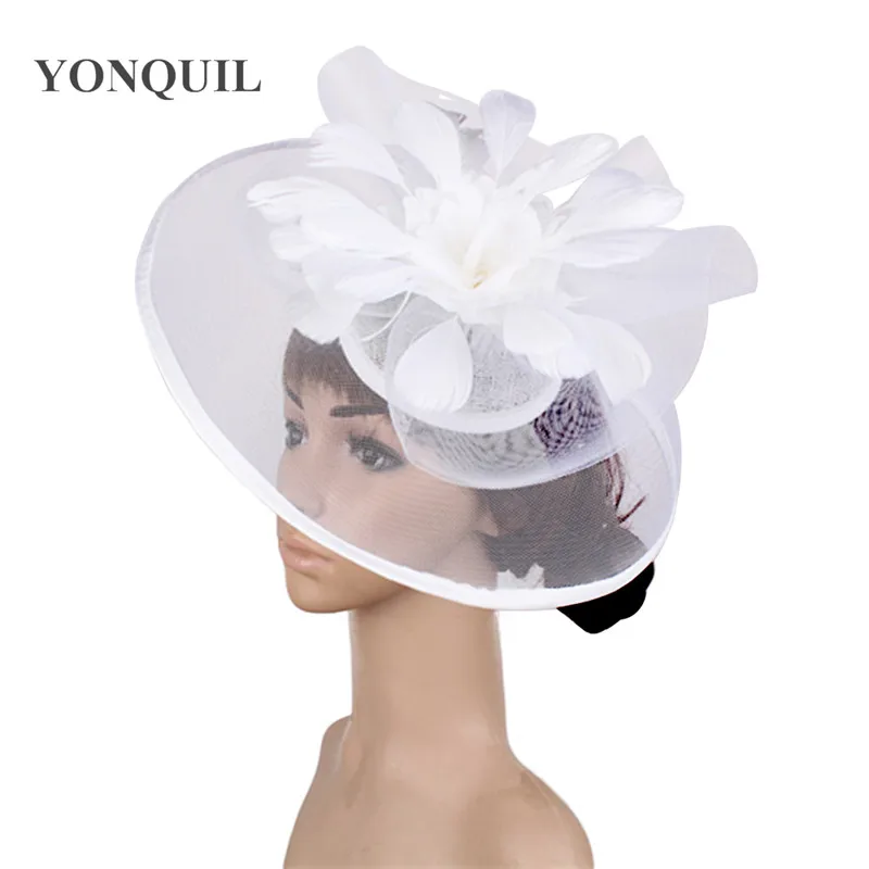 

Feather Flower Fascinator White Wedding Hair Clip And Headband Women Tea Party Royal Ascot Bridal Church Show Hat Great Quality