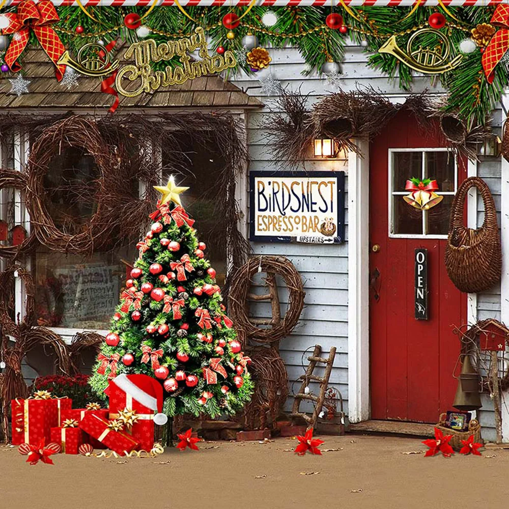 

Merry Xmas Party Photo Booth Backdrop Printed Garland Decorated Christmas Tree Present Boxes Red Door Bar Photography Background