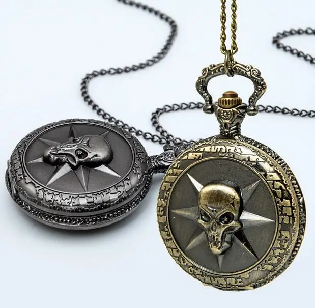 Vintage Bronze Black Skull Ghost Cross Fire Quartz Pocket Watch Necklace Gift for Mens PLK64