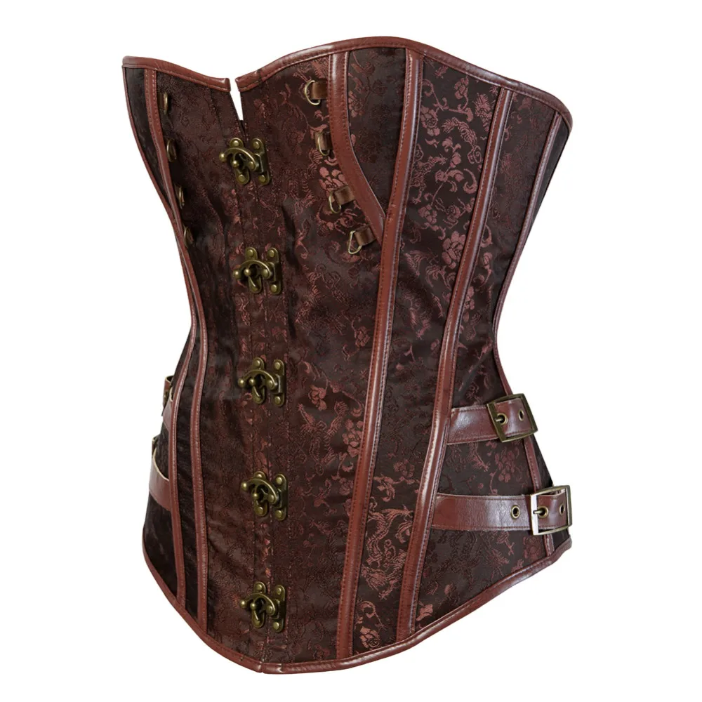 Steampunk 코르셋 Brown Black Steel Bone Overbust 코르셋 Dobby Corselets 섹시한 허리 슬림 Bustiers 허리 Cincher S-6XL