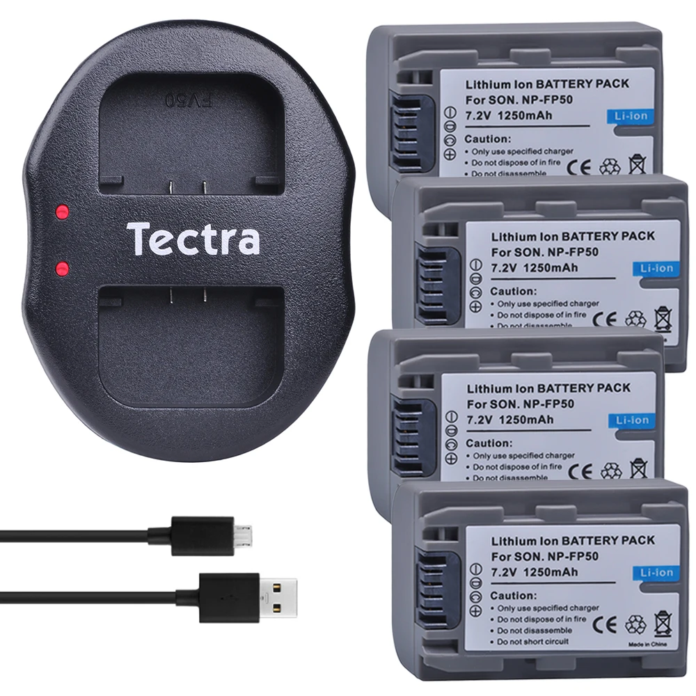 Tectra 4pcs NP-FP50 Camera Battery + Dual USB Charger for Sony DCR-HC30 40 43E 65 85 94E 96 DCR-SR30 40E 50E 60E 70E 80E 100