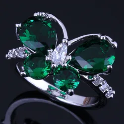 Elegant Butterfly Green Cubic Zirconia White CZ Silver Plated Ring V0460