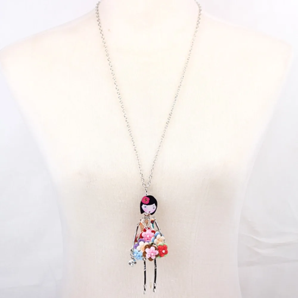 Bonsny doll Necklace Dress Trendy Long Chain 2017 New Acrylic Alloy For Girl Women Red Flower Figure Fashion Jewelry Accessories