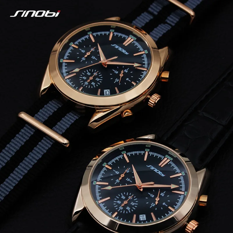 SINOBI Men\'s Golden Business Wrist Watches 007 Series Chronograph Military NATO Nylon Watchband Top Luxury Brand Relojes Hombre