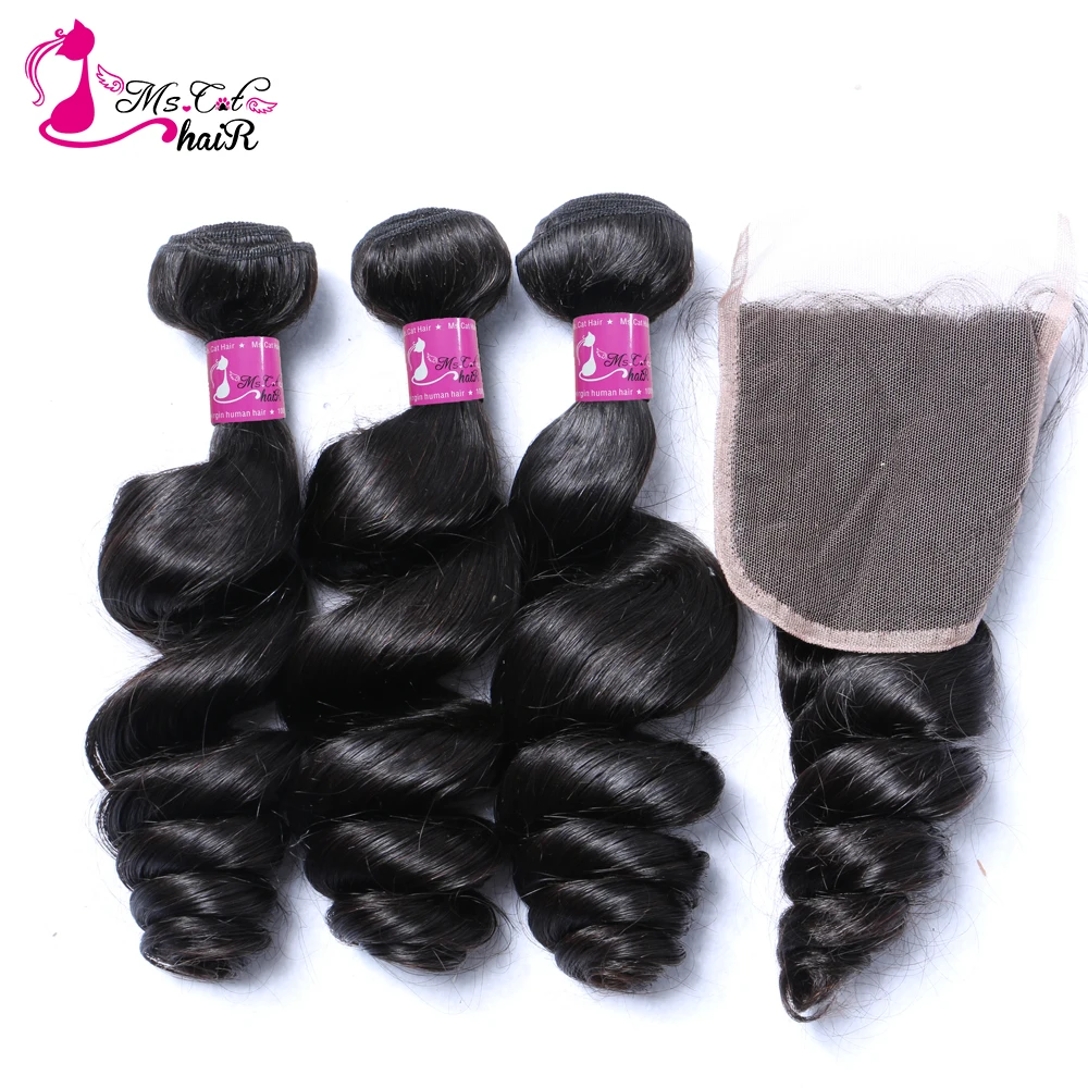 Ms Cat Loose Wave 3 Bundles With Closure Human Hair with Closure Brazilian Hair Weave Bundles remy Hair extensions 4 pcs/lot