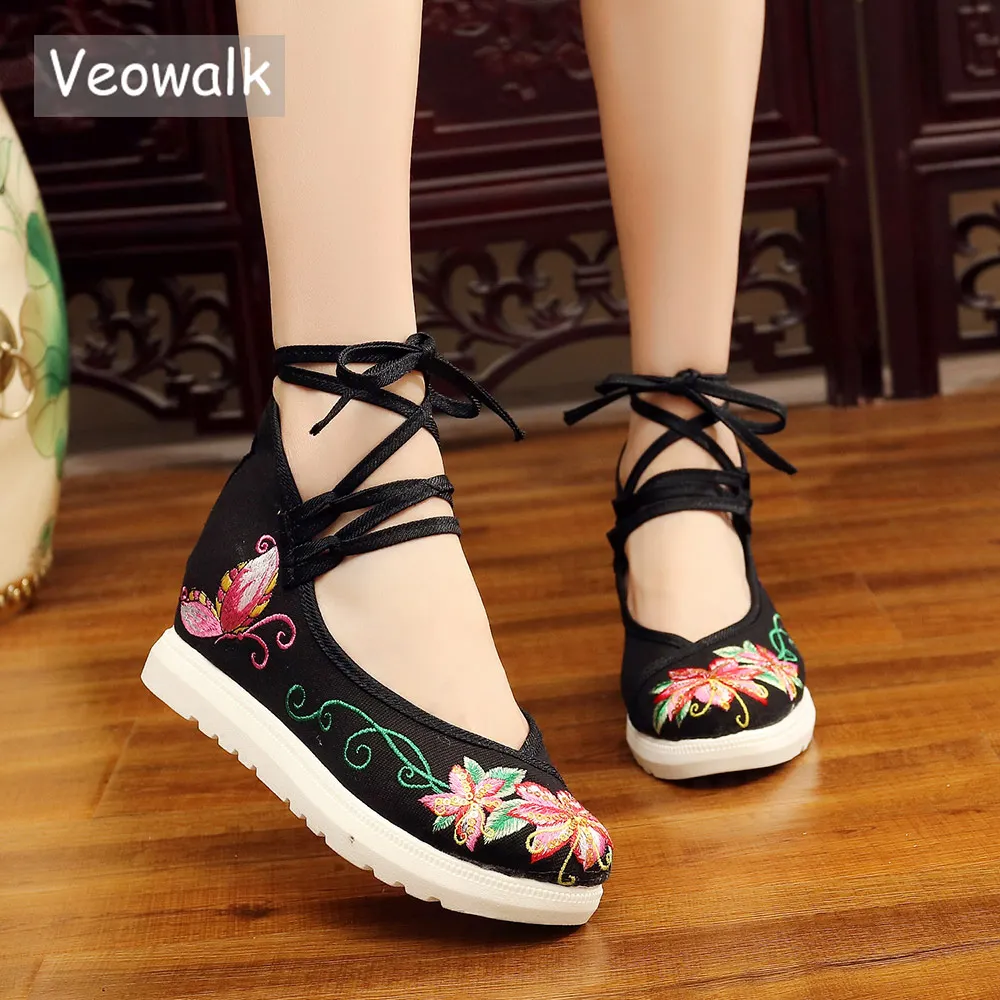 Veowalk Bees Embroidered Women Canvas Flat Platforms Long Ankle Strap Retro Ladies Casual Thick Bottom Shoes zapatos mujer