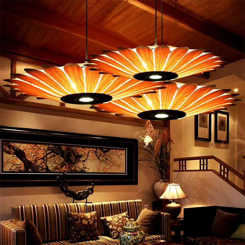 Southeast Asian Wooden Pendant Lamp Sun Flower Shape Hanglamp Wood Veneer Suspension Luminaire Restaurant Lighting Fixtures