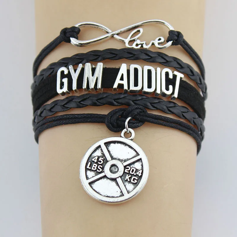 10PC/lot Infinity Love Gym Addict Weightlifting Fitness Dumbbell Charm Wrap Bracelets Soprts Charms Bracelet Women&Men Jewelry