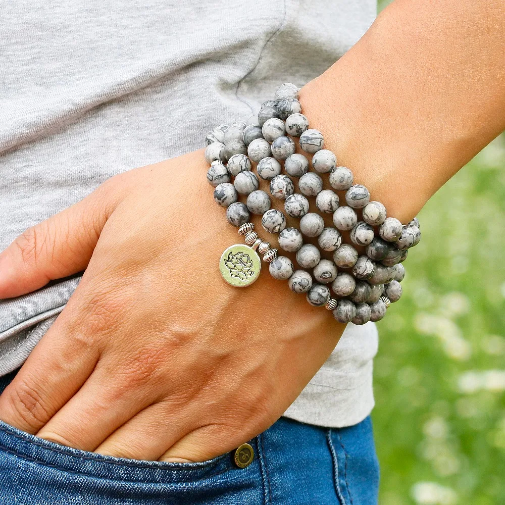 新エネルギー8ミリメートルビーズナチュラルライトグレーマップ石ビーズチャームブレスレット男性女性バングル恋人ギフトデザインヨガジュエリー
