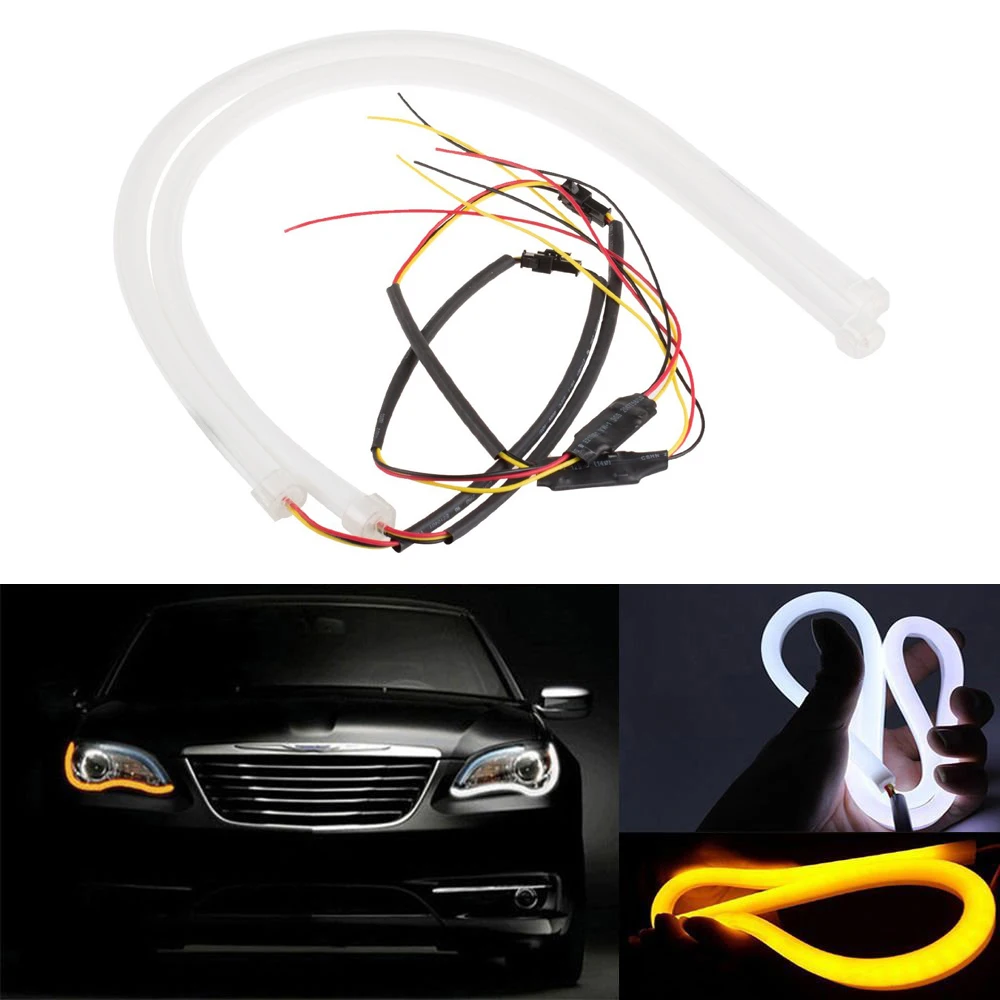 

2pcs 85CM 3020 258Leds Car LED DRL Tears Light Daytime Running Lamp DRL Turn Signal Light White Amber Flexible Strip Light DC12V