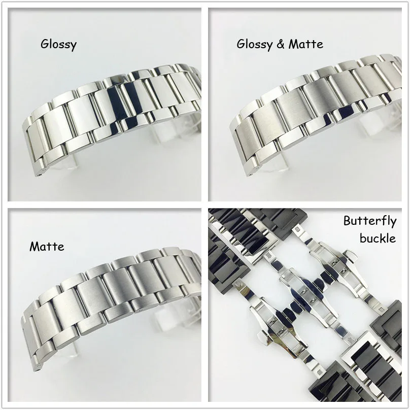 Glossy Matte Solid Stainless Steel Watch Band 16 18 20 21mm 22 23 24 26mm Butterfly Buckle Clasp Replacement Watch Strap