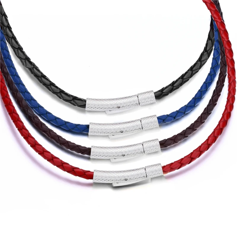 3mm Men Women Black/Red/Blue/Brown Braided Genuine Leather Necklace Cord Silver Stainless Steel Secure Clasp 40-75cm