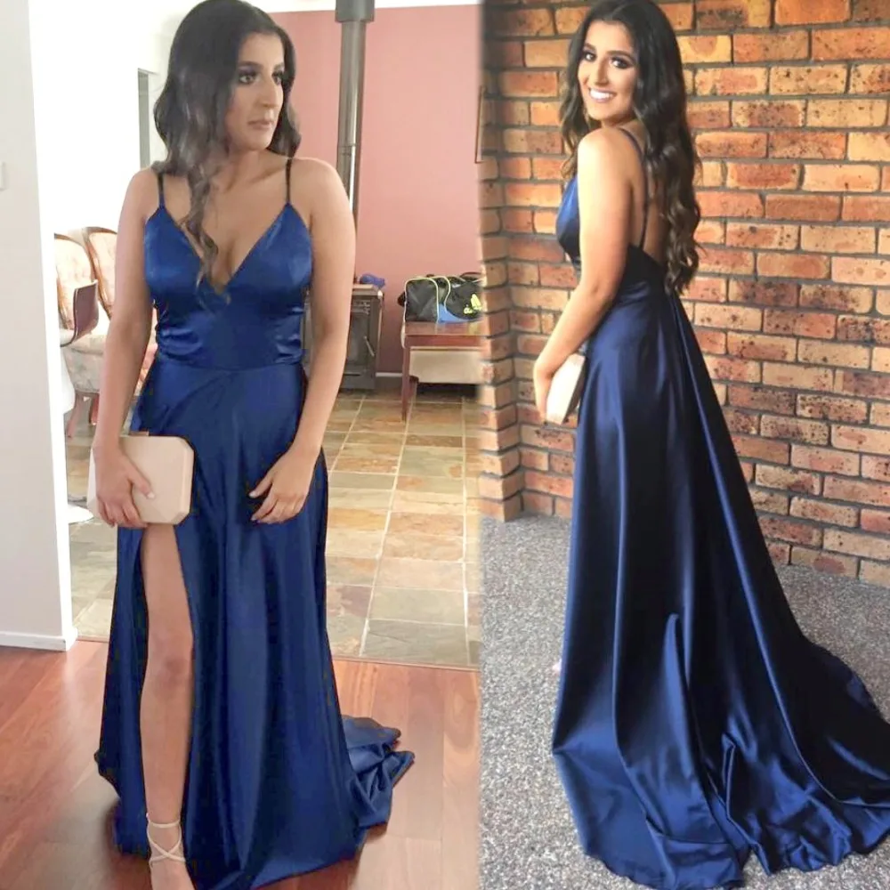 2021 Long Prom Dresses Sexy V Neck Fornt Slit Backless Women Party Prom Dress Formal Evening vestido de festa longo