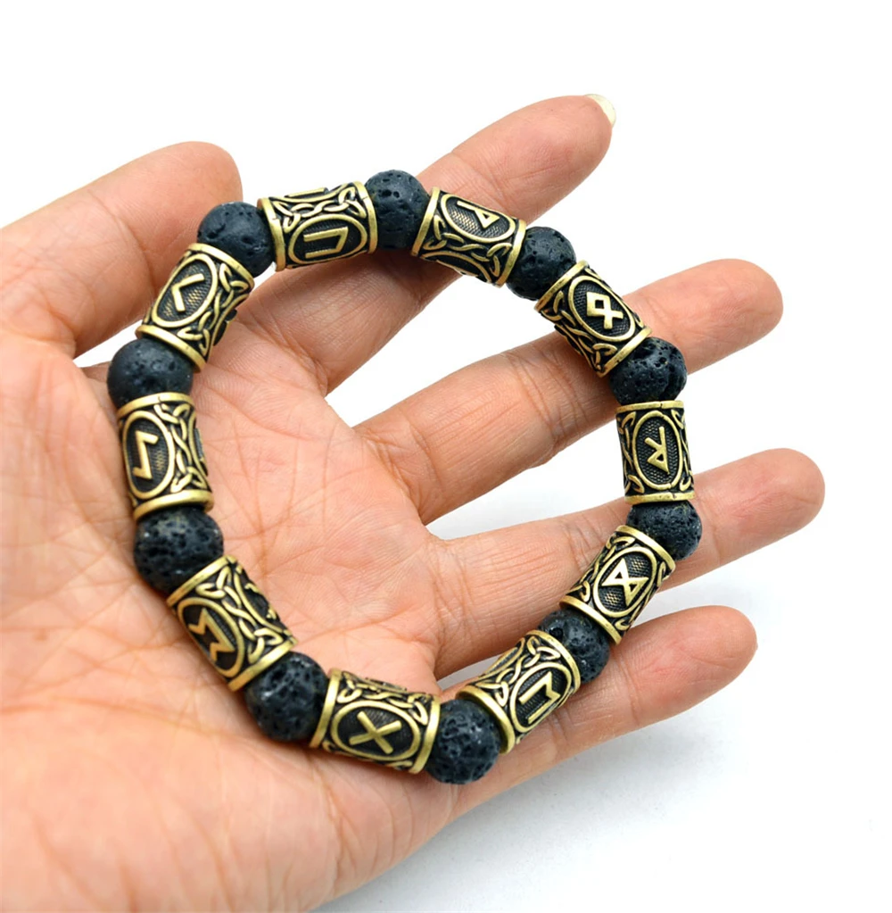 Natural Black Bracelet Trendy Retro Alloy Viking rune Lava stone Beads Bracelet For Men Women Bangle Jewelry Personality Gift