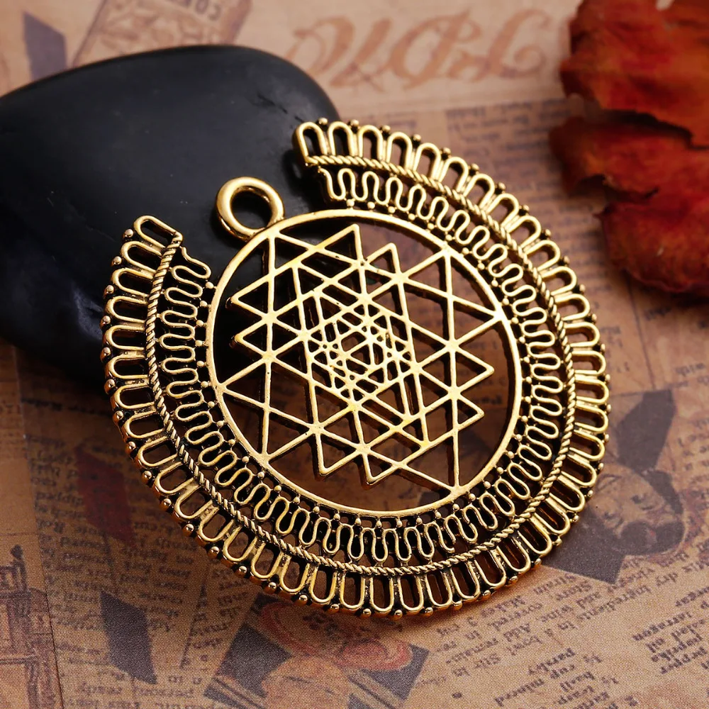 DoreenBeads Zinc Based Alloy Antique Gold Round Gold Tone Sri Yantra Meditation Pendants Hollow DIY Components 49mm x 47mm, 2 P