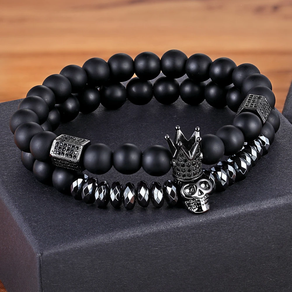 TYO 2Pcs/Set Women Mens CZ Royal Crown Skull Charms 8MM Black Matte Bead Strand Bracelets for Couple Valentine\'s Day Gifts