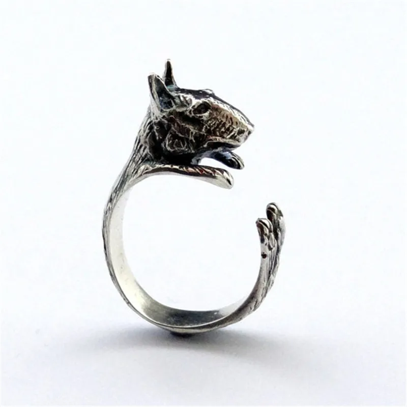 Vintage Bull Terrier Ring High Quality Brand Designer Sculpted Resting Black Men Animal Wrap Jewelry Women