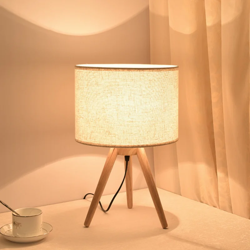 

Wooden Tripod Table Lamps New Nordic Bedroom Bedside lamp Study Room Fabric Lampshade Wood Table Light Deco Desk Lights Fixtures