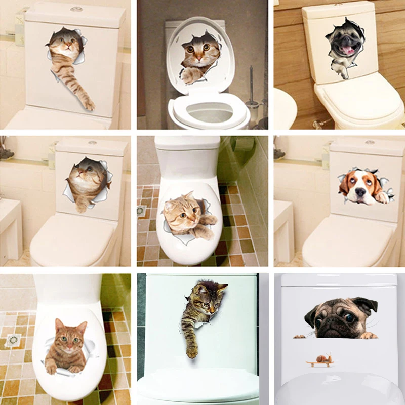 Lovely Kitten Toilet Stickers Wall Decals 3d Hole Cat Animals Mural Art Home Decor Refrigerator Posters