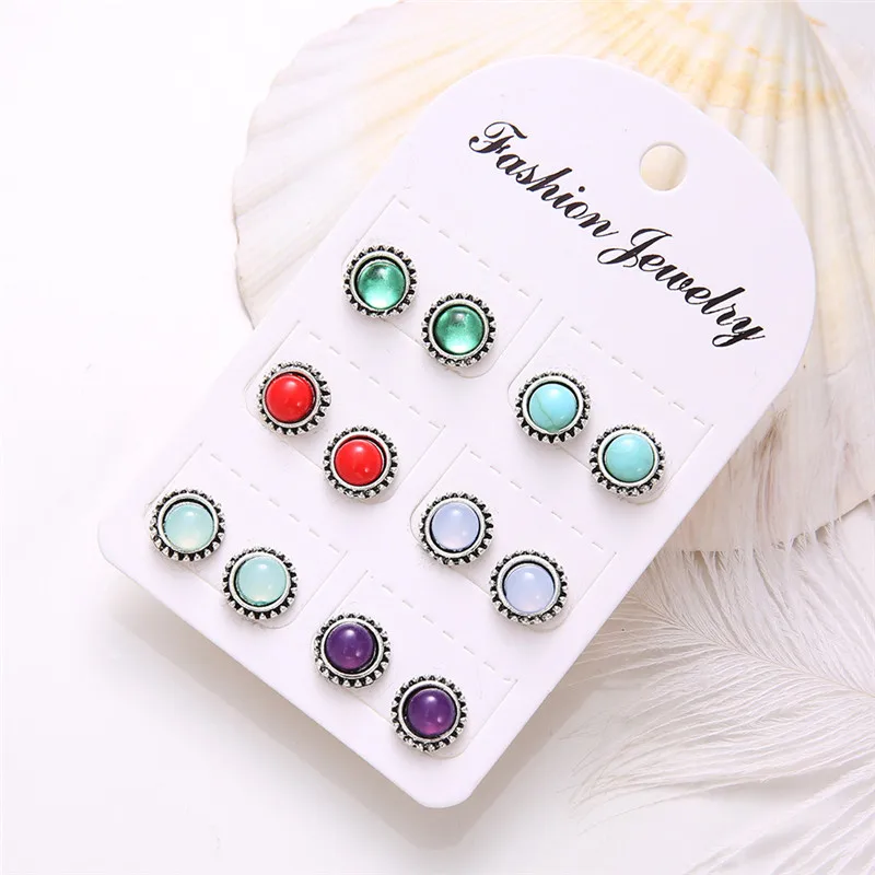 Modyle 6sets/lot Fashion Bohemia Vintage  Opal Stud Earrings Set for Woman