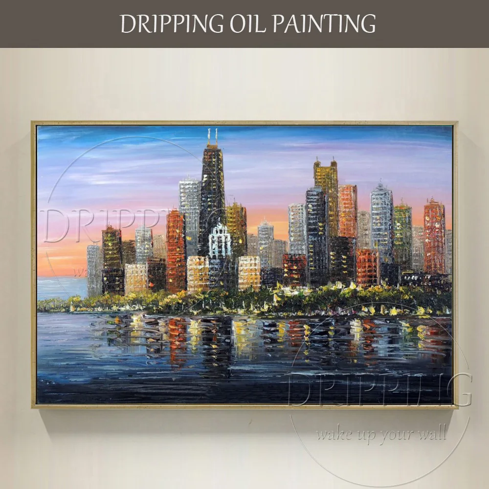 Artist Handmade High Quality Modern Wall Art Chicago Downtown Dusk Oil Painting on Canvas Modern City Skyscrapers Oil Painting