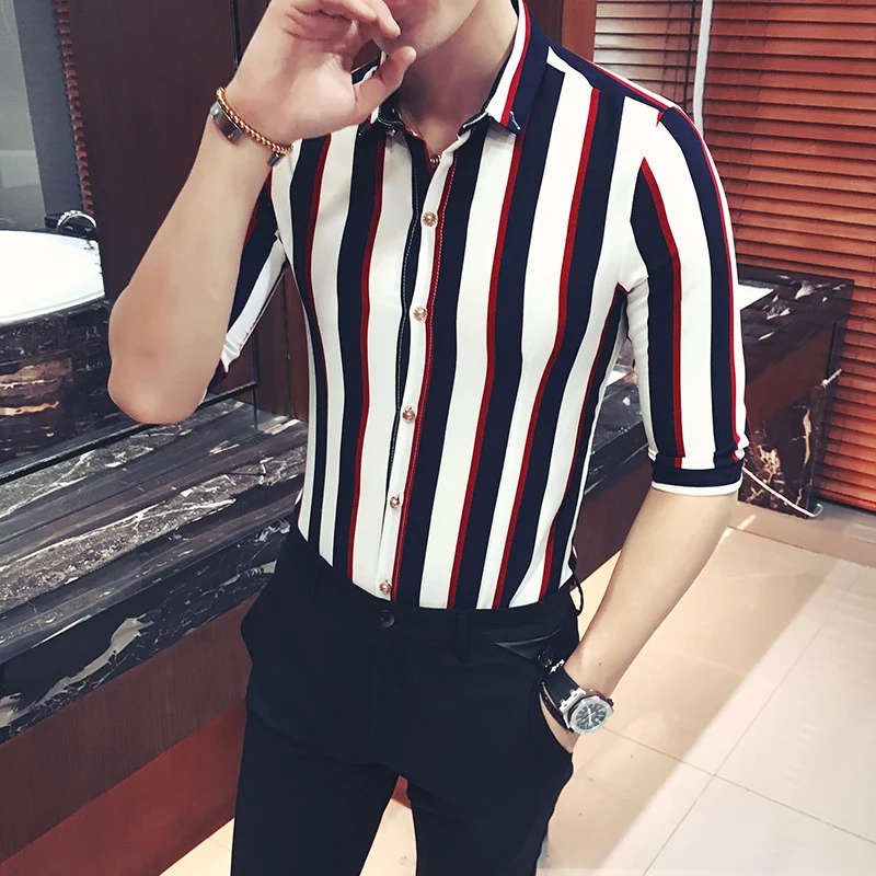 Mens Stripe Shirt Short Sleeve  Summer Fashion Fancy Camisa Social Masculina Oversize 5xl Red White Stripe