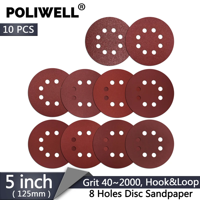 POLIWELL 10Pcs 5 Polegada 125 milímetros Buracos Disco 8 40 ~ 2000 Grit Lixa de Óxido de Alumínio Hook & Loop festool Lixa Discos Abrasivos Ferramentas